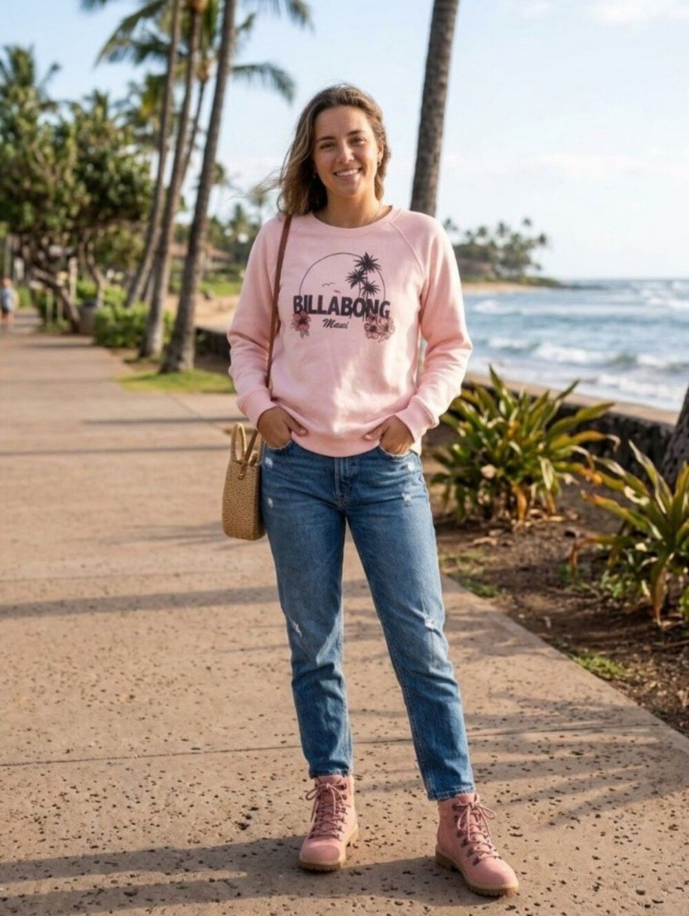 Billabong Pink Graphic Crewneck Sweatshirt. Size L